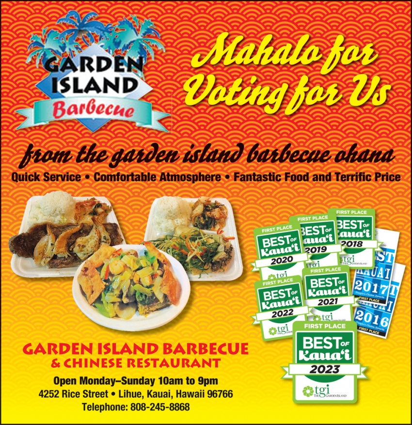 Mahalo for Voting for Us Garden Island Barbecue Chinese Restaurant Lihue HI